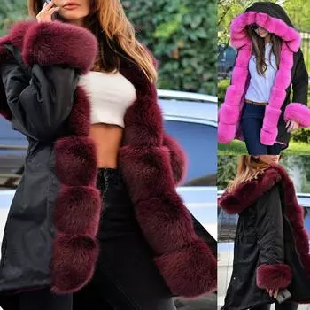 Женская искусственная зимняя куртка с капюшоном, пальто с длинными рукавами и рыбьим хвостом XXXL чёрный