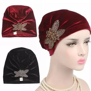 Женская исламская повязка на голову, тюрбан, бархатная шапка-хиджаб, повязка на голову со стразами, мусульманский роскошный капот, женский золотой