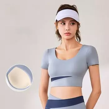 Женская йога-топ Juyitang: Футболка для фитнеса с короткими рукавами, телесного цвета, с подкладками для груди, прикрывающая пупок. XL чёрный/звезда