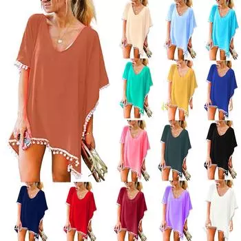 Женская кафтановая шифоновая кисточка с кисточками, купальный костюм, пляжное свободное бикини, прикрытие белый