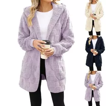 Женская кардиганная куртка с капюшоном, зимнее флисовое пальто с открытым передом S светло-серый