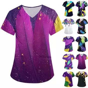 Женская карнавальная принтовая свободная униформа с V-образным вырезом и карманом с коротким рукавом XXL