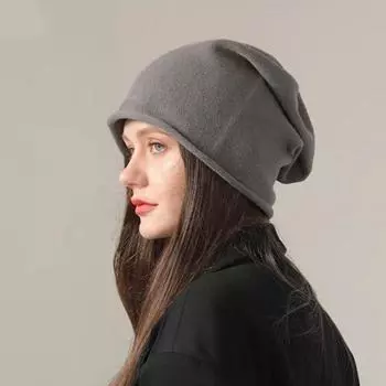 Женская кашемировая шапка-бини с напуском, зимняя, толстая, гофрированная, шерстяная, вязаная, теплая, мягкая, Skullies, шапки-бини Gorros, большой размер для леди One Size чёрный