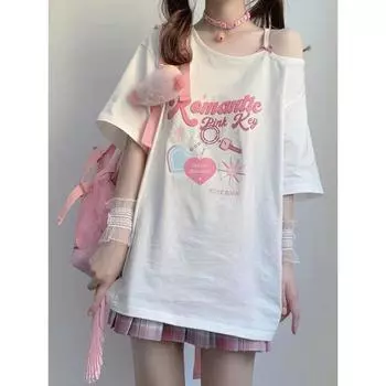 Женская кавайная футболка с открытыми плечами Harajuku, белые топы для милых девочек Y2k, эстетические милые футболки с рисунком, модная японская рубашка S белый