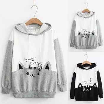 Женская кепка с капюшоном и принтом кошки, утолщенные свитера, топы XXXXL серый