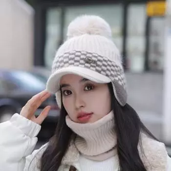 Женская кепка с козырьком, однотонная вязаная шапка из меха кролика, с флисовой подкладкой, теплая шерстяная шапка с защитой ушей Hat + Scarf чёрный