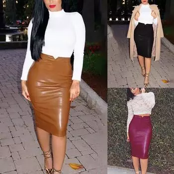 Женская классическая мини-юбка-карандаш трапеции из искусственной кожи с высокой талией S чёрный