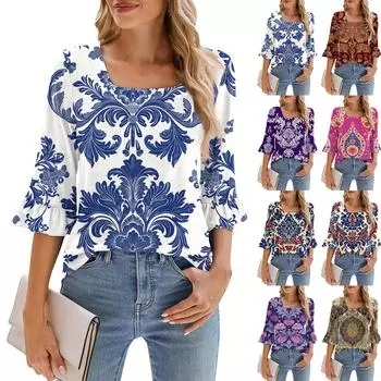 Женская классическая рубашка с принтом в стиле ретро с рукавами четверти и квадратным вырезом, свободный повседневный топ L темно-синий