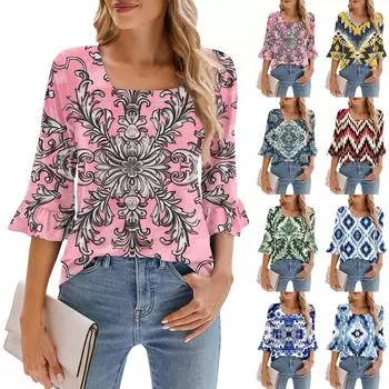 Женская классическая рубашка с принтом в стиле ретро с рукавами четверти и квадратным вырезом, свободный повседневный топ L циан