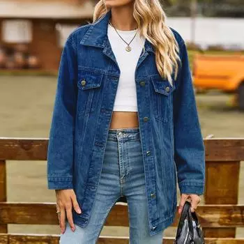 Женская классическая винтажная свободная джинсовая куртка-топ L темно-синий