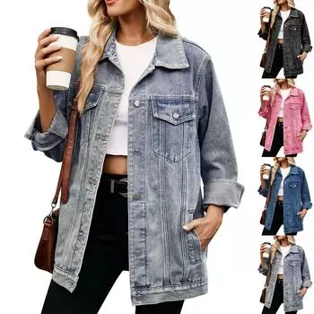 Женская классическая винтажная свободная джинсовая куртка-топ L темно-синий