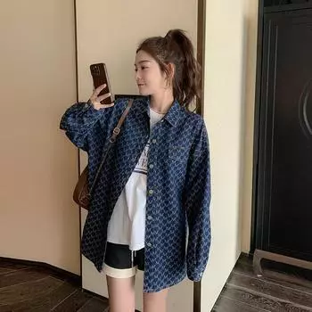 Женская клетчатая джинсовая рубашка, женская рубашка средней длины, весенний стиль, свободный стиль S