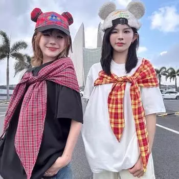 Женская клетчатая футболка с бантом, американская свободная повседневная футболка с короткими рукавами, круглый вырез, хлопковый универсальный женский топ M чёрный