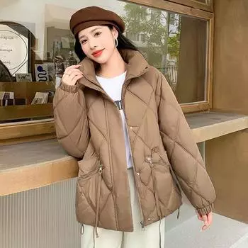 Женская клетчатая куртка с бриллиантами, зимняя новинка 2023 года, хлопковая куртка со стоячим воротником, модная куртка M чёрный