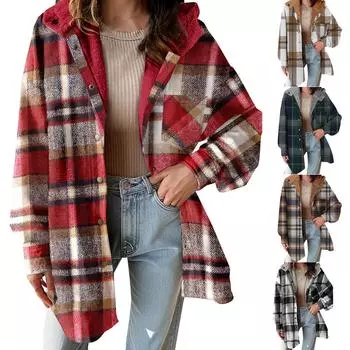 Женская клетчатая куртка с длинными рукавами, застегивающаяся на пуговицы, с капюшоном и цветными блоками L чёрный