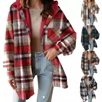 Женская клетчатая куртка с длинными рукавами, застегивающаяся на пуговицы, с капюшоном и цветными блоками M