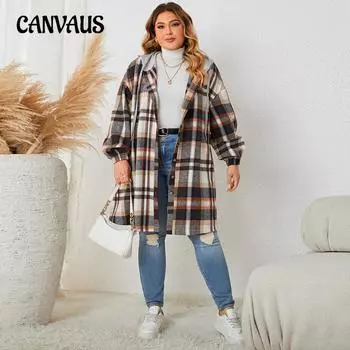Женская клетчатая куртка с капюшоном и средней длиной для осени и зимы больших размеров XL коричневый