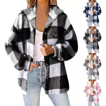 Женская клетчатая куртка с капюшоном на пуговицах, плюшевое пальто M розовый