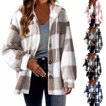 Женская клетчатая куртка с капюшоном на пуговицах, плюшевое пальто L чёрный