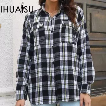 Женская клетчатая рубашка IHUASU с длинным рукавом, свободная блузка средней длины, женские топы S чёрный