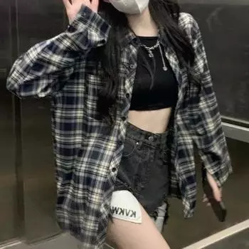 Женская клетчатая рубашка, корейская повседневная универсальная свободная блузка в стиле Харадзюку Y2K, летняя модная, популярная, милая, женский топ с длинными рукавами S темно-синий