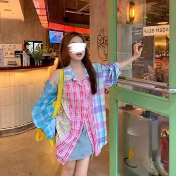 Женская клетчатая рубашка с цветными блоками, летняя новинка, свободная повседневная рубашка с солнцезащитой, американский хай-стрит, тонкий топ с длинным рукавом M