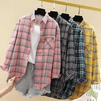 Женская клетчатая рубашка с длинным рукавом 4XL чёрный