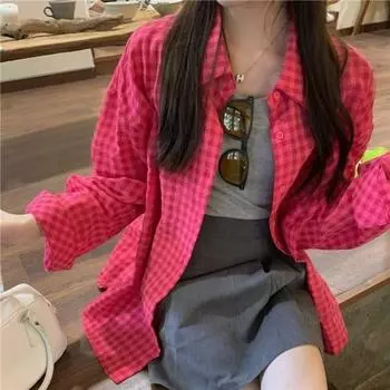 Женская клетчатая рубашка с длинным рукавом на пуговицах Повседневная блузка весна-осень Стильная клетчатая женская тонкая куртка S