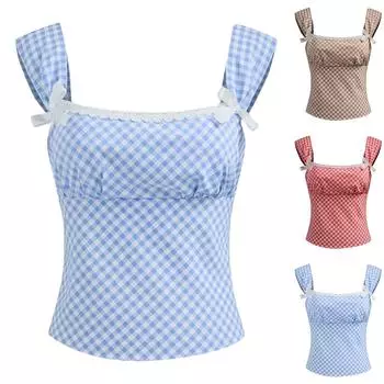 Женская клетчатая рубашка с кружевом на спине и бретельками L синий