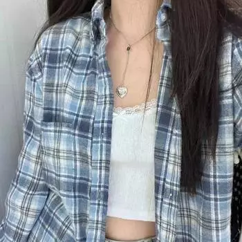 Женская клетчатая рубашка с лацканами и длинными рукавами, летняя тонкая солнцезащитная женская блузка, японский винтажный свободный повседневный топ M синий