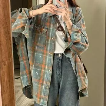 Женская клетчатая рубашка, тонкое свободное повседневное женское пальто, американский контрастный цвет, средняя длина, однобортный топ S