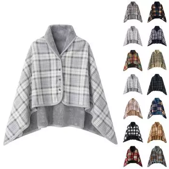 Женская клетчатая шаль с флисовой подкладкой на пуговицах, теплая, толстая, мягкая накидка L бежевый