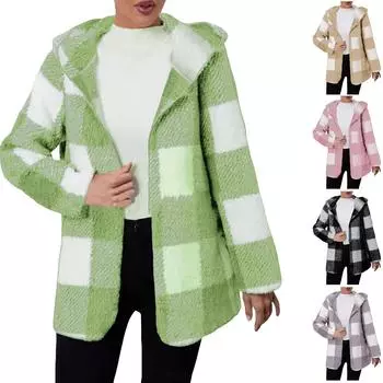 Женская клетчатая шерстяная плюшевая куртка с капюшоном, повседневная куртка с длинными рукавами и карманами в стиле колор-блок L чёрный