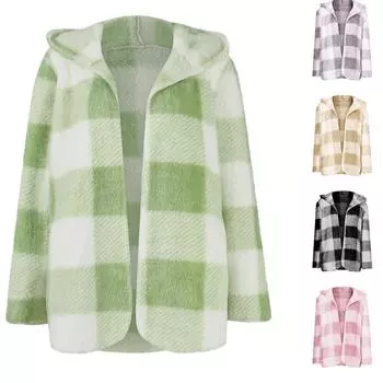 Женская клетчатая шерстяная плюшевая куртка с капюшоном, повседневная куртка с длинными рукавами и карманами в стиле колор-блок L чёрный