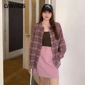 Женская клетчатая свободная солнечная рубашка с длинными рукавами, жилет больших размеров и костюм с юбкой на бретельках XL розовый