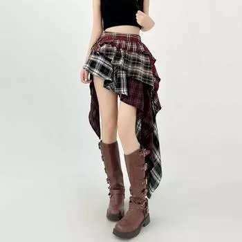 Женская клетчатая юбка-трапеция, винтажная модная эстетическая асимметричная мини-юбка Y2k, корейская юбка Harajuku, одежда 2000-х годов, лето L красный