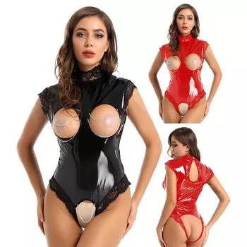 Женская клубная одежда Wetlook, нижнее белье из лакированной кожи с отверстиями для бюстгальтера, открытая грудь, кружевная отделка с вырезами и кружевной отделкой, боди Sissy Teddies, ночное белье S