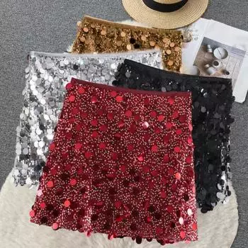 Женская клубная юбка с блестящими пайетками, сплошной цвет, облегающая юбка с высокой талией и боковой молнией, трапециевидной формы, эластичная длиной выше колена, пляжная мини-юбка для вечеринок S красный