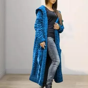 Женская кофта-свитер с карманами средней длины с капюшоном, трикотажная скрученная текстура, однотонная S вино красного