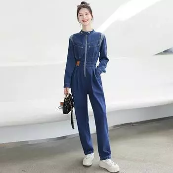Женская коллекция весна-осень, свободный повседневный комбинезон на талии XL синий