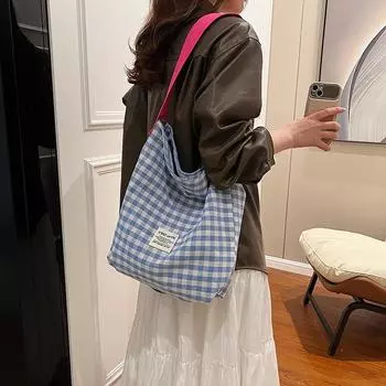 Женская контрастная цветная решетчатая магнитная пряжка сумка-ведро для отдыха холщовая сумка через плечо сумка-тоут One Size кофейный