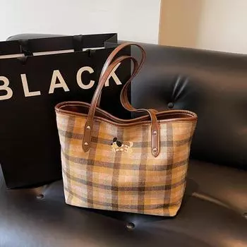 Женская контрастная клетчатая сумка-тоут - осенний стиль 2024 года, модная, универсальная, большая вместимость, идеально подходит для студентов Cat; 39*13*29 чёрный