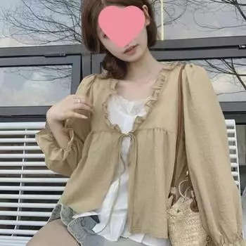 Женская контрастная рубашка со шнуровкой и длинным рукавом: Модная модель начала осени, свободного кроя с деревянной отделкой ушей M