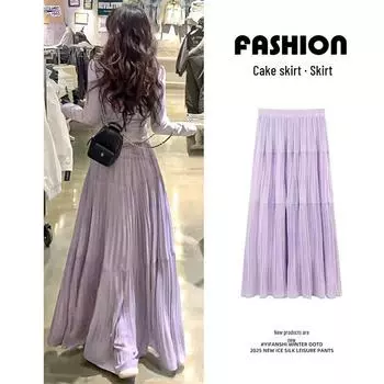 Женская корейская фиолетовая плиссированная юбка А-силуэта - весна/лето 2025, средняя длина, высокая талия, облегающий крой, фасон «торт». XL белый