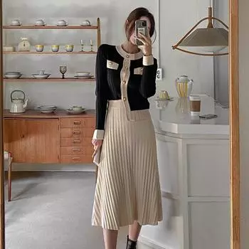 Женская корейская коллекция весна-лето 2022 года, трикотажный однобортный топ с круглым вырезом, длинными рукавами и юбка полудлинной длины One Size