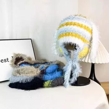 Женская корейская милая зимняя теплая цветная полосатая шапка вязаная шапка с кроличьими ушками для защиты ушей чёрный