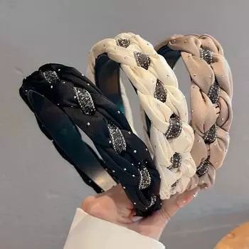 Женская корейская модная повязка на голову для девочек, винтажная мягкая тканевая повязка для волос с широкими полями, головные уборы с дрелью, женские эластичные ленты для волос