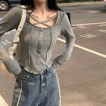 Женская корейская облегающая футболка с длинными рукавами в стиле Харадзюку, сексуальный топ, однотонный уличный наряд, весенняя футболка S чёрный