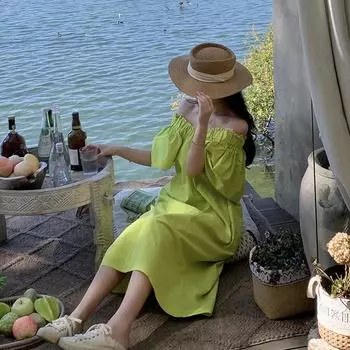 Женская корейская версия, новые женские платья в ленивом стиле с квадратным вырезом, универсальное платье M