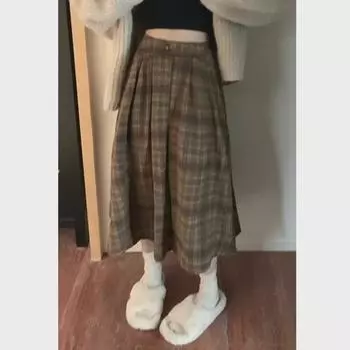 Женская коричневая клетчатая юбка А-силуэта средней длины с высокой талией и плиссировкой на осень и зиму Large зелёный
